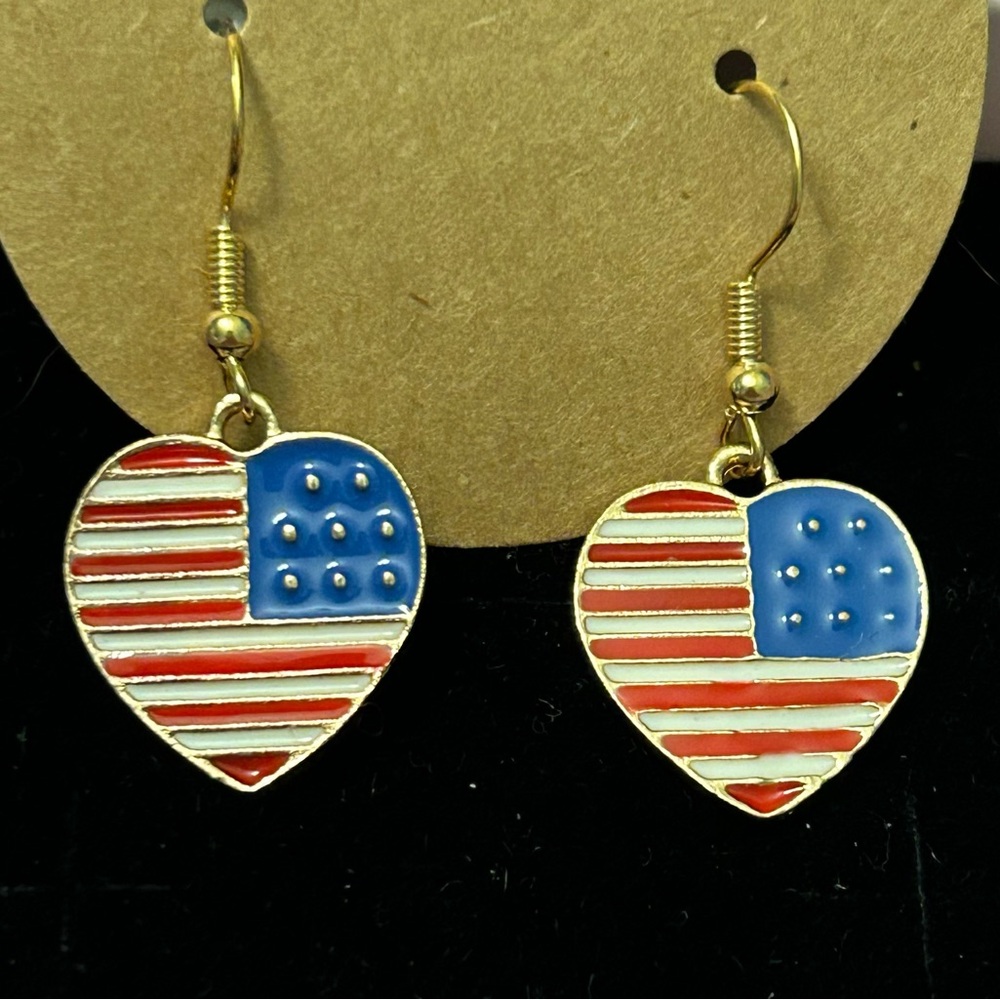 American Flag Heart shaped rose gold toned dangle earrings.